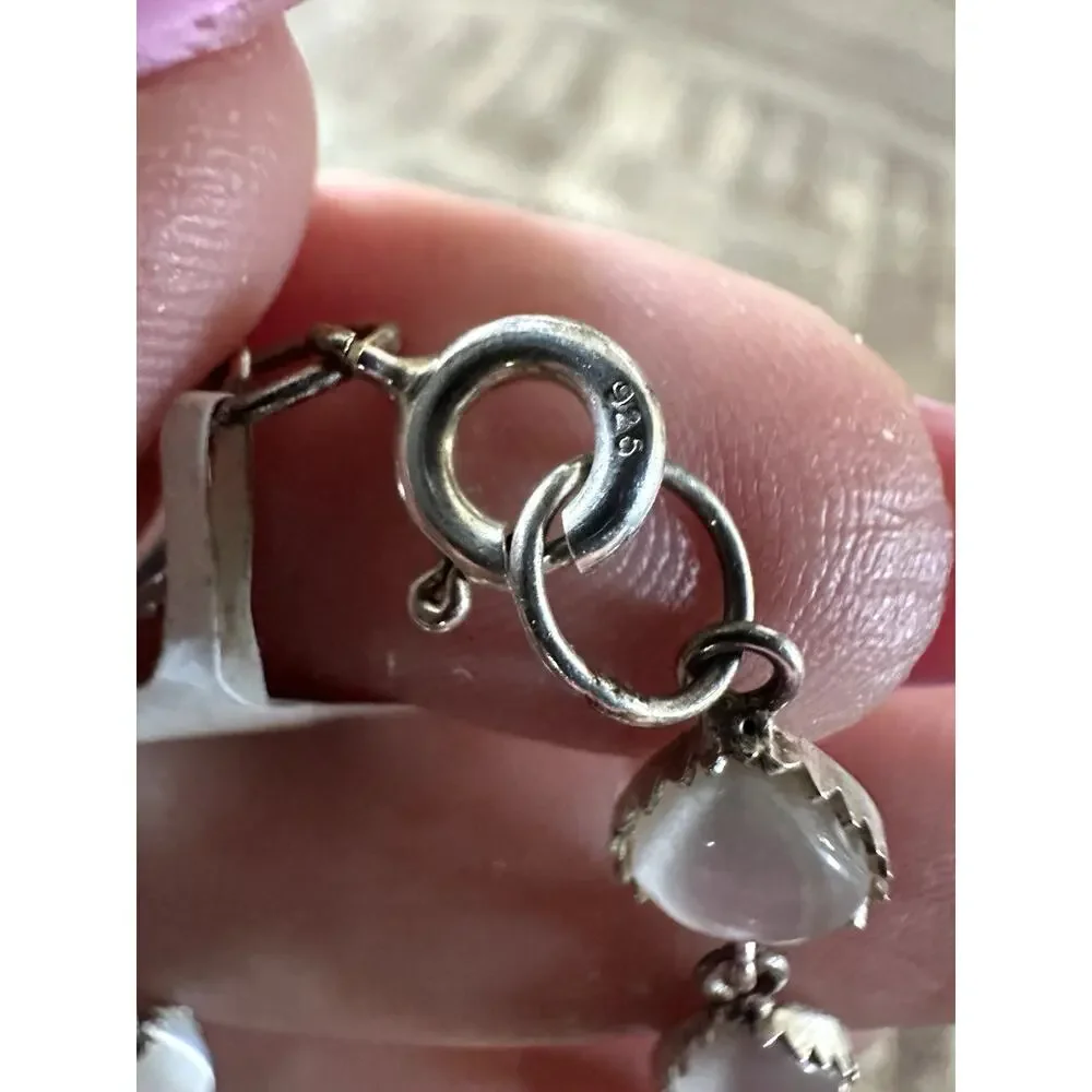 Vintage Sterling and White Heart Shaped Cat’s Eye Stones Bracelet 7”